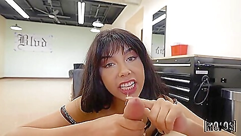 Brunette teen with a big ass is giving a blowjob to her stepdad