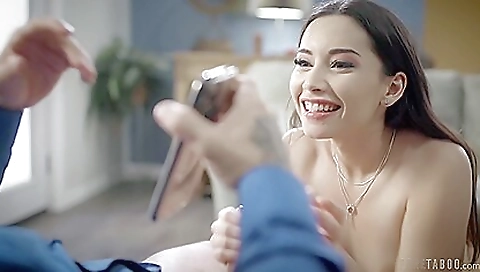 Brunette teen babe with big boobs says hi to her wife