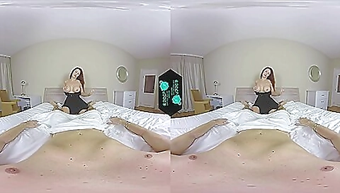 Redhead with big boobs and small pair of stockings in VR