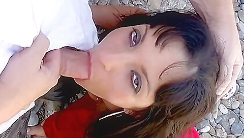 Hot brunette gets her pussy fucked by a dude outdoors