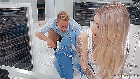 Busty blonde gets a deep throat blowjob and a facial