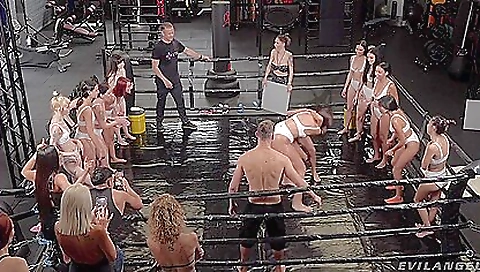 Hot brunette and a group of guys getting it on together